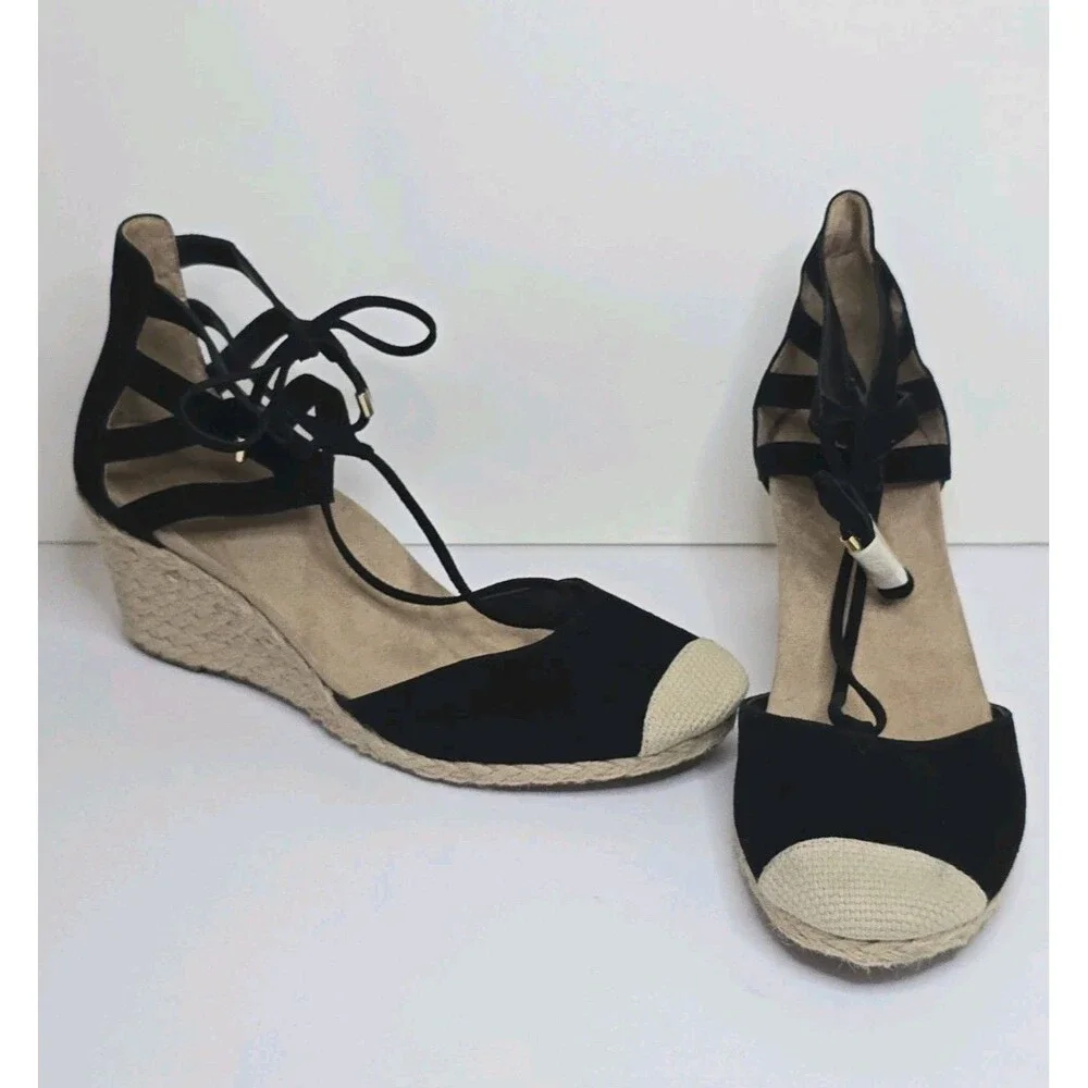 Vionic Calypso Espadrille Wedge Sandals Black Suede Lace Up Women's Size 11